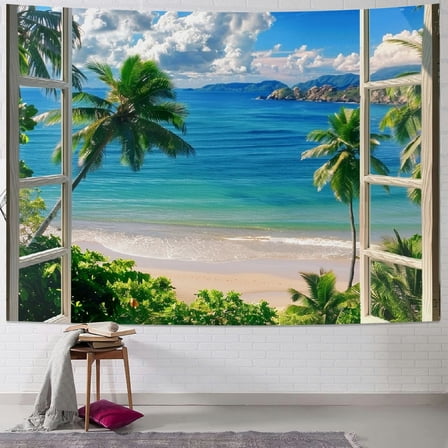 Creowell Ocean Beach Tapestry, Hawaii Sea Nature Fake Faux Window Art Tapestries Wall Hanging For Bedroom College Dorm Living Tropical Summer Room Office Decor 40x30inch