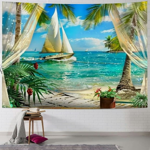Creowell Ocean Beach Tapestry, Nature Coconut Palm Tree Garden Scenery Window Tapestries Wall Hanging for Bedroom College Dorm Decor, Summer Tropical Sea Landscape Outdoor Poster Blanket 40x30inch