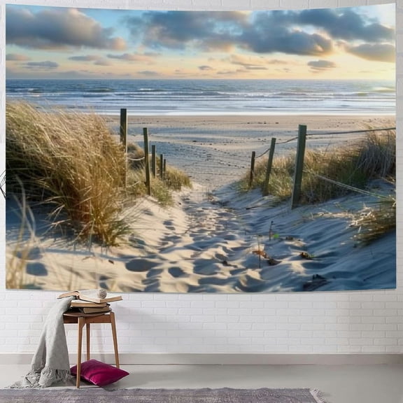 Creowell  Ocean Beach Tapestry Seaside Wall Decor Sunset Costal Scenery Landscape Wall Hanging Nautical Sea Scenic Sand Blue Sky Summer Peaceful Calming Relax Living Room Dorm 40x30inch