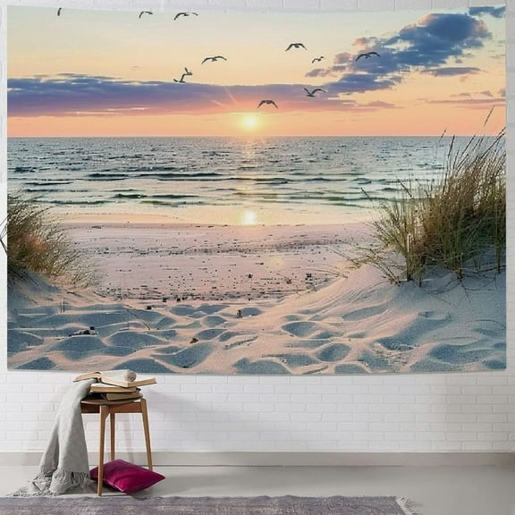 Creowell  Ocean Beach Tapestry Wall Hanging, Sunset Seabird and Beach with Grass Wall Hanging Tapestry Natural Landscape Tapestry for Bedroom Living Room Dorm Decoration Wall Decor 40x30inch