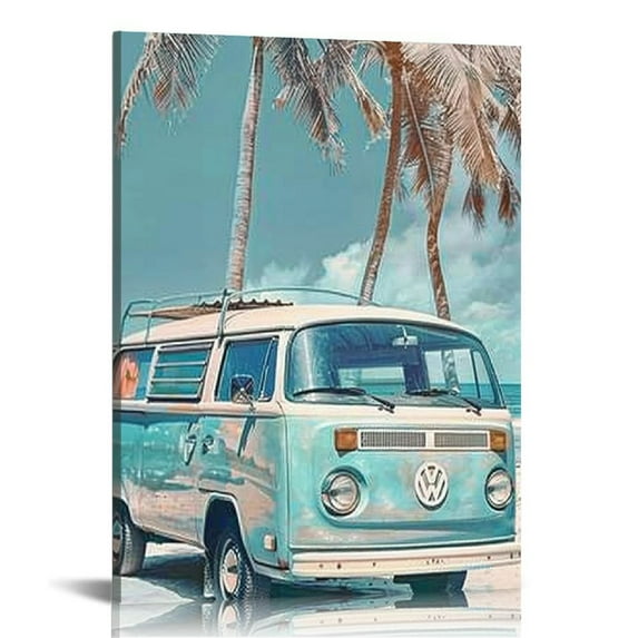 Creowell Ocean Beach Theme Wall Art Decor Coastal Tropical Palm Trees Cute Vintage Van Canvas Prints Poster for Living Room Bedroom Bathroom Decoration 16x20 in/12x16 in
