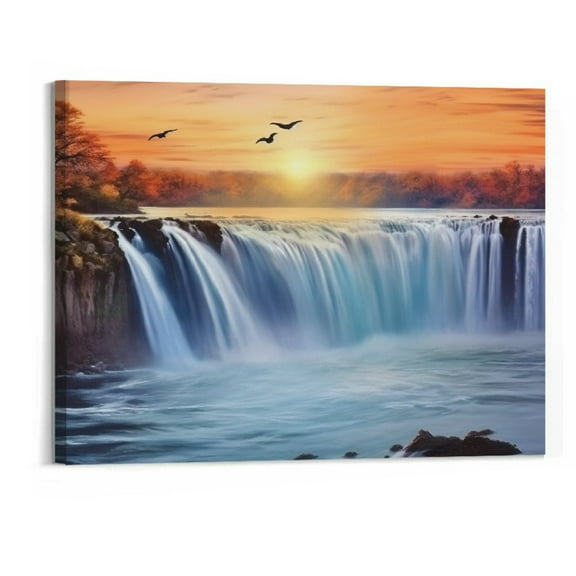Creowell Ocean Canvas Wall Art Blue Waterfall Sunset Seascape Painting for Living Room Office Home Decor Ready to Hang 20x16 Inch