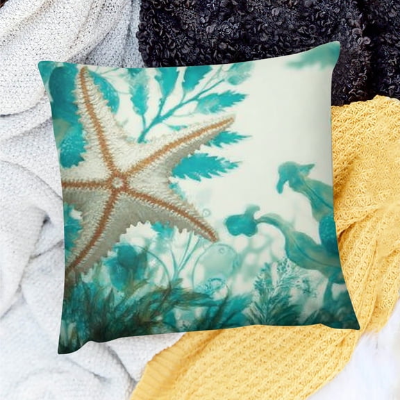 Creowell Ocean Life Throw Pillow Cover, Ideal for Beach-Themed Decor. Features a Vibrant Blue Starfish, Coral, and Seashells in an Underwater Scene. Size: a Refreshing Coastal Gift. 18x18in