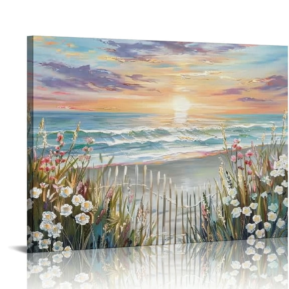 Creowell Ocean Sunset Canvas Prints Bathroom Wall Decor Flower Canvas Wall Art Ocean Beach Sunrise With Blue Sky Beach Pictures Beach Decor for Wall Beach Art Wall Decor 20x16 in/16x12 in