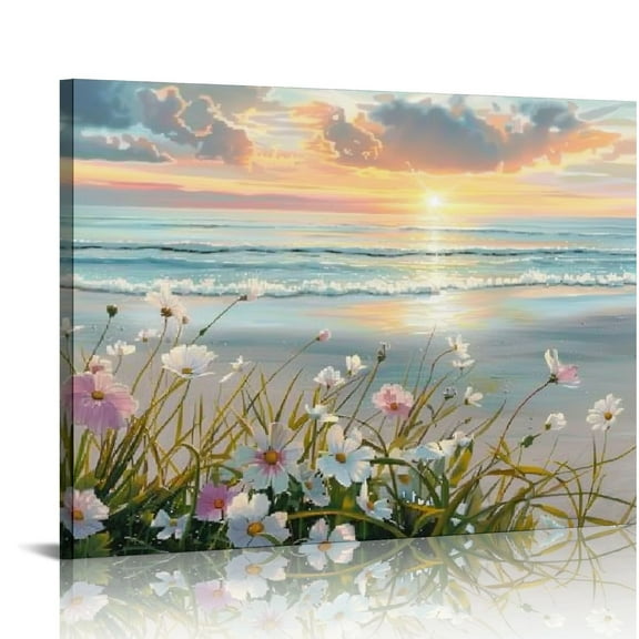 Creowell Ocean Sunset Canvas Prints Bathroom Wall Decor Ocean Theme Flower Canvas Wall Art Ocean Beach Sunrise With Blue Sky Beach Pictures Beach Decor for Wall Beach Art Wall Decor  20x16in
