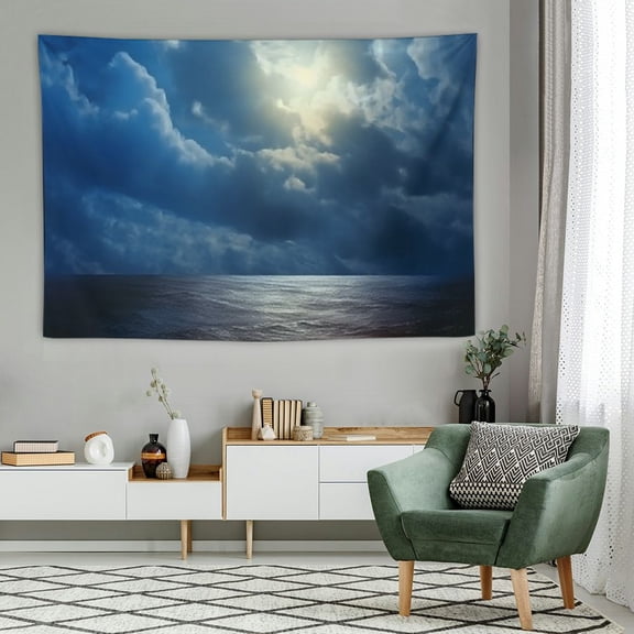 Creowell Ocean Tapestry, Romantic Full Moon Between Clouds Over a Quiet Dramatic Sea Tranquil Image, Wide Wall Hanging for Bedroom Living Room Dorm,60x40 Inch, Navy Blue 60x40in