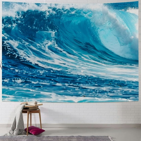 Creowell Ocean Wall Tapestry, Ocean Huge Wave Aesthetic Bedroom Tapestry Blue Small Tapestires Ocean Tapestry Wall Hanging for Living Room Wall Hanging Decor Cover Backdrop Wall Blanket 60x50inch