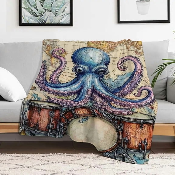 Creowell Octopus Drums World Map Fuzzy Flannel Blanket, Cozy Soft 30x40in