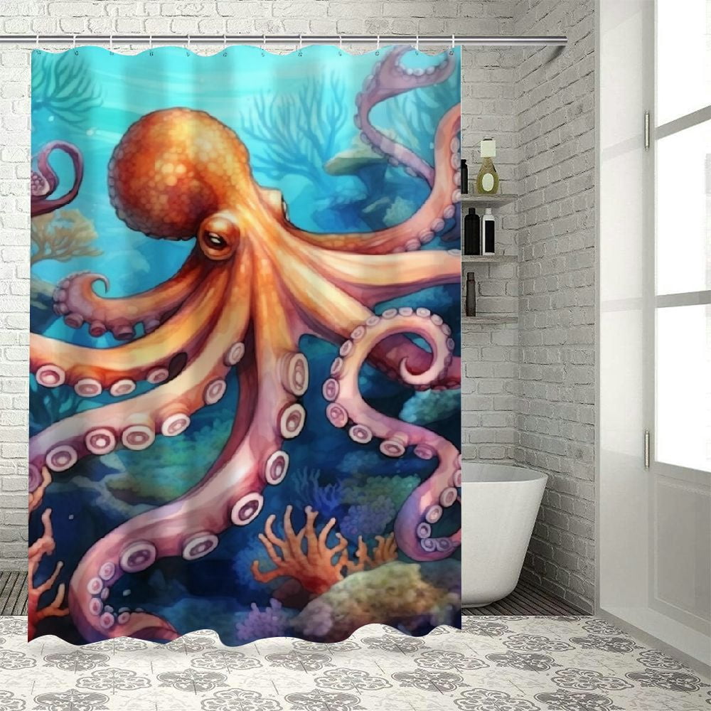 Creowell Octopus Shower Curtain Funny Ocean Animal Watercolor Coral ...