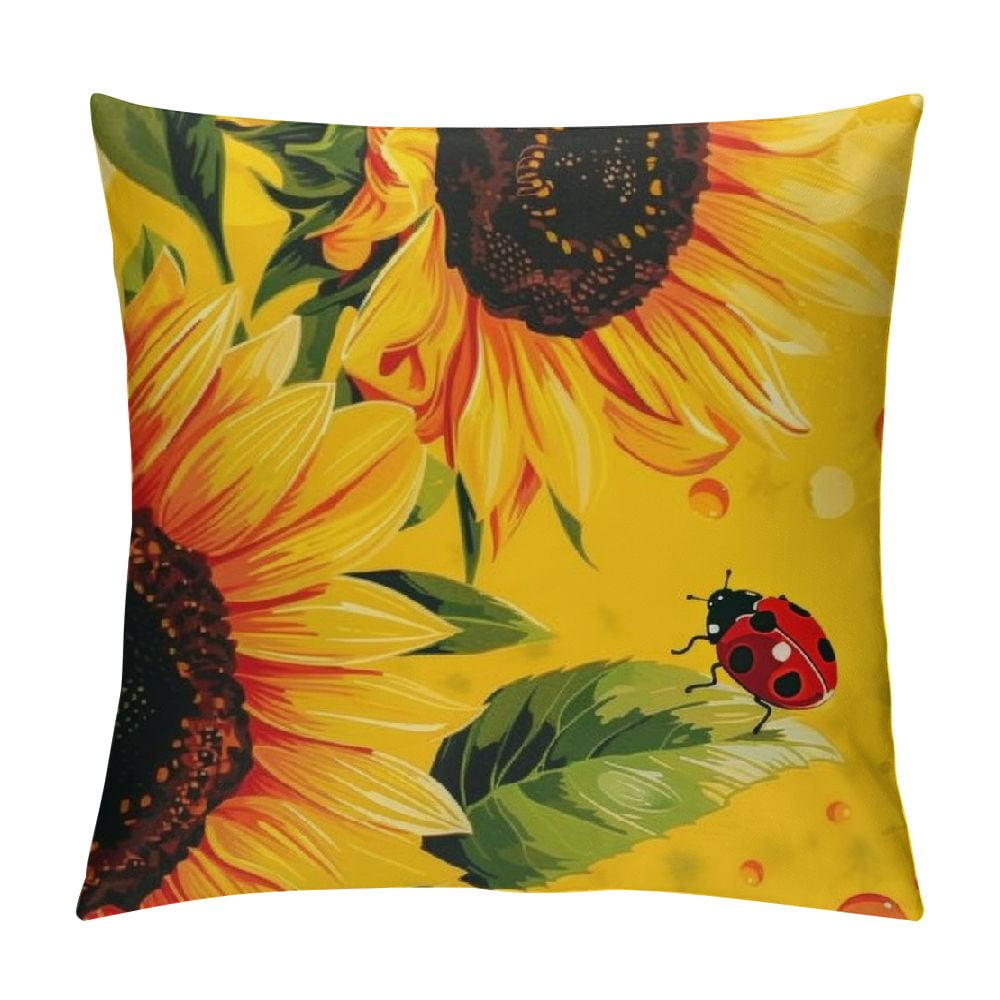 Creowell Oil painting sunflower Throw pillow covers ladybug spring
