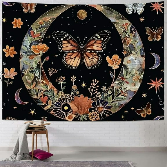 Creowell  Orange Butterfly Moon Flower Tapestry Boho Floral Plant Tapestries for Bedroom Aesthetic Tapastry's Wall Hanging Mandala Botanical Wall Tapestry for Living Room Dorm  Painting