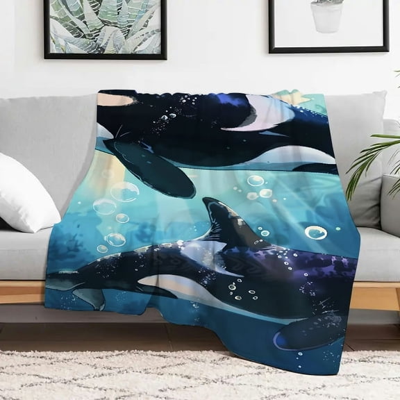 Creowell Orca Whales Bubbles Starfish Warm Cozy Decorative Blanket, Soft Flannel Blanket for Couch Bed Sofa, Multi-purpose Gift Blanket for All Seasons, Heat Transfer Printing, Multiple Sizes,