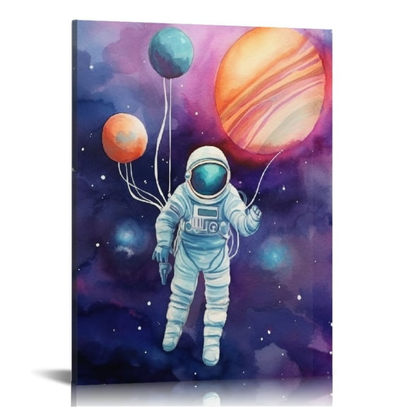 Creowell Outer Space Canvas Wall Art Watercolor Planet Astronaut Canvas Painting Prints for Home Kids Bedroom Nursery Wall Decor Framed Space Artwork Gifts(16x20 in/12x16 in)