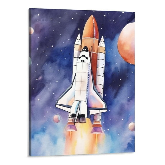 Creowell Outer Space Canvas Wall Art Watercolor Space Shuttle Canvas Painting Prints for Home Kids Bedroom Nursery Wall Decor Framed Spaceship Artwork Gifts(16x20 Inch)