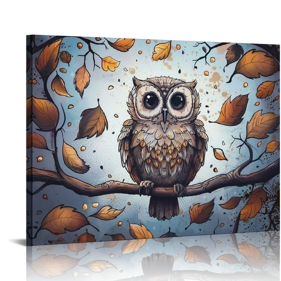 Creowell Owl Branch Leaves Canvas Print Wall Art Home Decor 16x12in