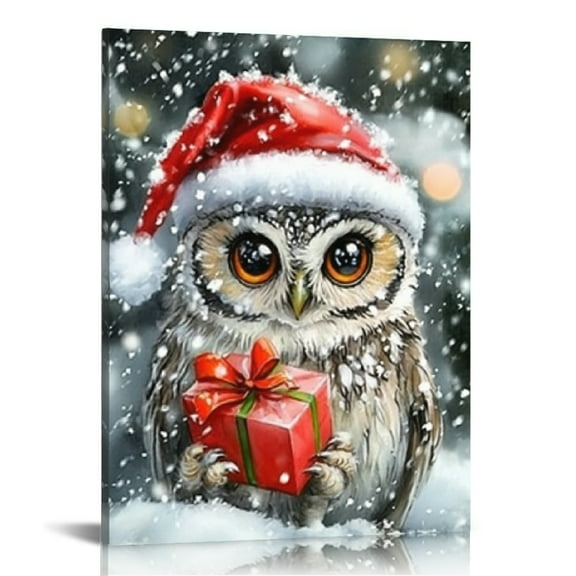 Creowell Owl Christmas Print On Canvas Wall Art Decor for Home Living Room Bathroom Office, Perfect Gift Idea for Christmas 12x16in