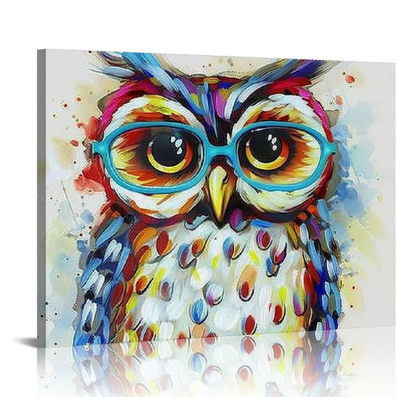 Creowell Owl with Glasses Funny Animal Picture Canvas Wall Art Decor Oil Painting Stretched Framed Artwork for Home Bedroom Living Room Decoration,20x16 in/16x12 in 20x16in