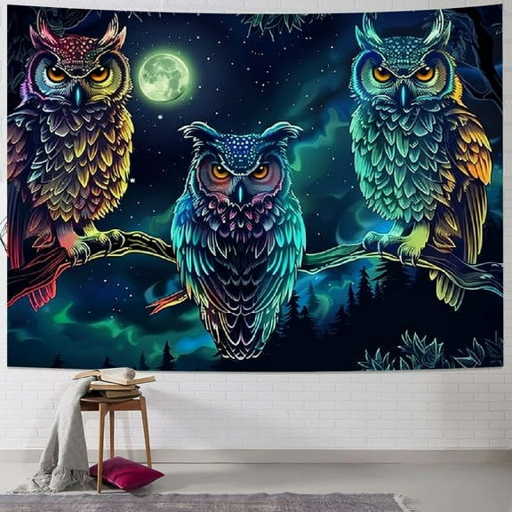 Creowell Owl Tapestry, Trippy Tapestry Wall Hanging for Bedroom, Psychedelic Boho Animal Watcher Gothic Forest Neon Party Tapestries Poster Blanket College Dorm Home Decor  40x30inch