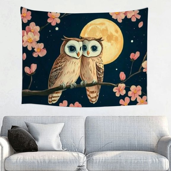 Creowell Owls Full Moon Pink Flowers Tapestry Wall Hanging 100% Polyester 40x30in