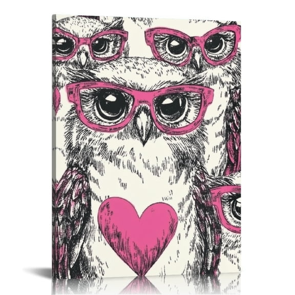 Creowell Owls Glasses Heart Canvas Wall Art Ready to Hang Home Decor 12x16in