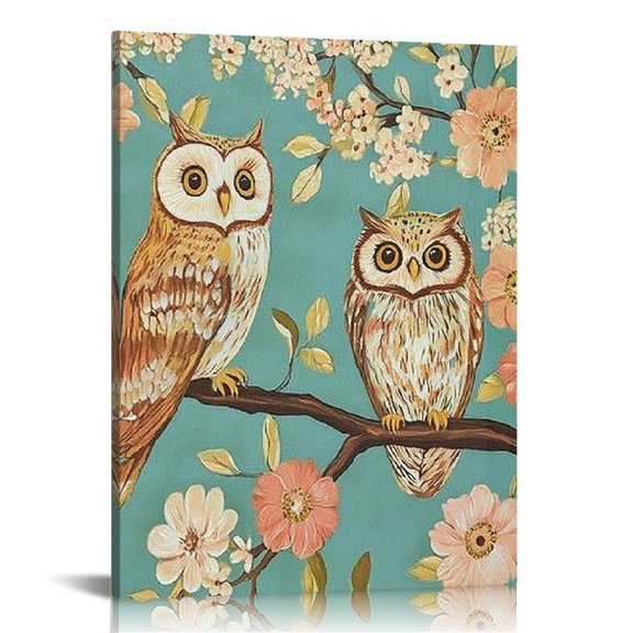Creowell Owls Tree Branch Flowers Canvas Wall Art Home Decor 12x16in