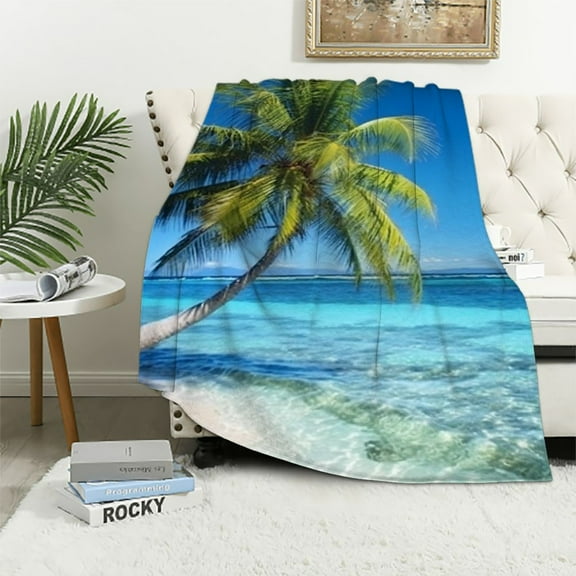 Creowell Palm Tree Beach Blue Water Print Flannel Throw Blanket all Seasons Soft Plush Blankets 60x80in