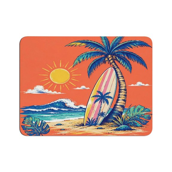 Creowell  Palm Tree Surfboard Beach Sunset Mouse Pad, Square Smooth Surface Desk Mat, Stitched Edge for Office, Laptop, Computer, Home,