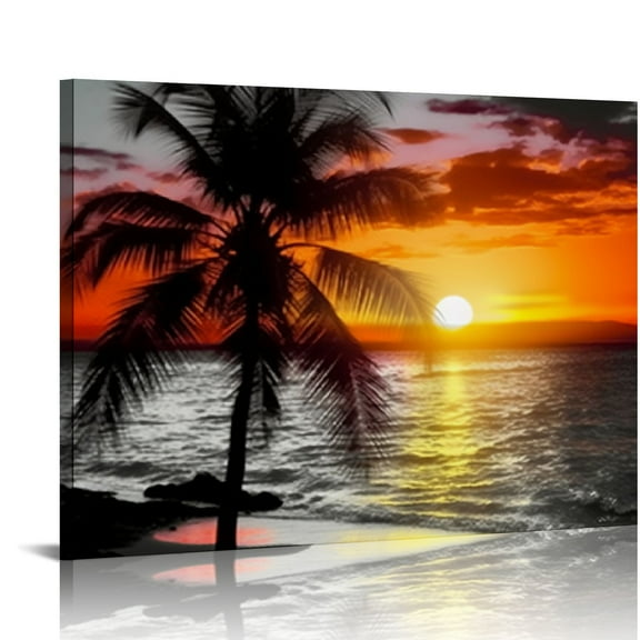 Creowell  Palm Tree Wall Art Black and White Sunset Tropical Seascape Ocean Canvas Print Landscape Painting Wall Decor for Bedroom Living Room Office Decoration 20x16 in/16x12 in