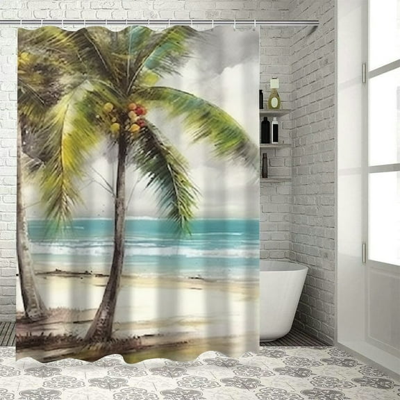 Creowell Palm Trees Beach Scene Pretty Shower Curtain Set 100% Polyester Washable Bathroom Decor with Hooks 69x72