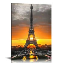 Creowell Paris Canvas Wall Art Black and White Eiffel Tower at Gold Sunrise Picture Painting Modern Cityscape Poster Artwork Framed for Home Office Bedroom Decor Ready to Hang 16x20 in/12x16 in