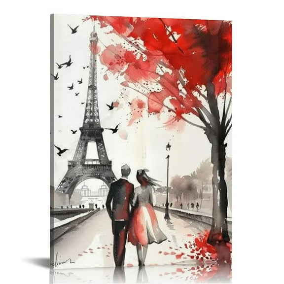 Creowell Paris  Canvas Wall Art Couple in Street Eiffel Tower Painting Romantic Red Artwork Print for Bedroom Decor Framed  (16x20 in/12x16 in, Paris )
