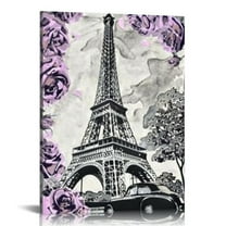 Creowell Paris Eiffel Tower Canvas Wall Art - Romantic Paris City Purple Flowers Wall Decor Girls Bedroom Bathroom Elegant wall Framed Decor 16x20 in/12x16 in
