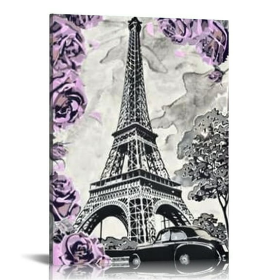 Creowell Paris Eiffel Tower Canvas Wall Art - Romantic Paris City Purple Flowers Wall Decor Girls Bedroom Bathroom Elegant wall Framed Decor 16x20 in/12x16 in