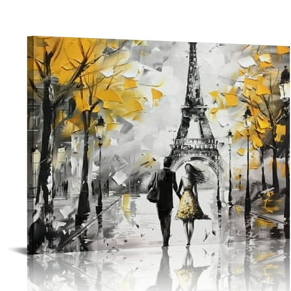 Creowell Paris Eiffel Tower Wall Art Yellow Tree Romantic Paris Couple in City Street Canvas Wall Decor Modern City Painting Print on Canvas Artwork for Bedroom Bathroom Decor 20x16 in/16x12 in