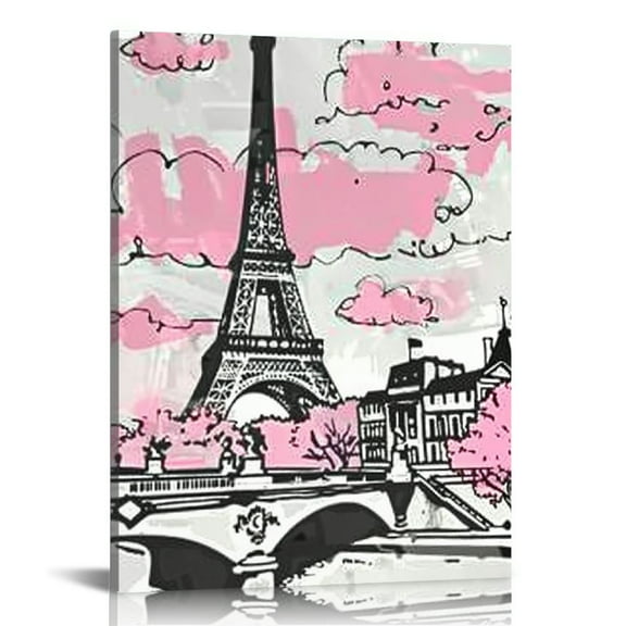 Creowell  Paris Wall Art Prints, Pink Eiffel Tower Bedroom Decor Romantic Paris Theme Room Decor Art  Decor for Girls Living Room Bathroom Kitchen Office Decor, 16x20 in/12x16 in