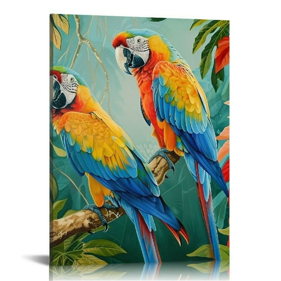 Creowell Parrot Wall Art Parrot Picture Wall Decor Tropical Macaw Birds Canvas Print Painting Colorful Parrot on Branch Artwrok for Living Room,Bedroom,Bathroom Decor 12x16 in
