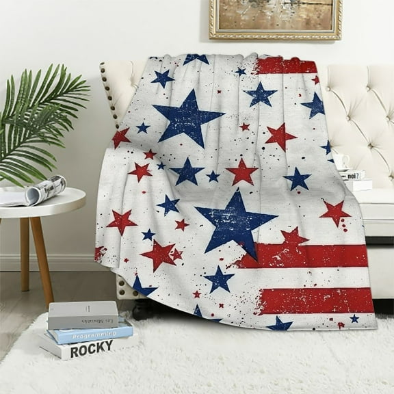 Creowell Patriotic Throw Blanket 4th of July Memorial Day Throw Blanket American Flag Flannel Blanket for Travel Camping Night Reading Lunch Break White