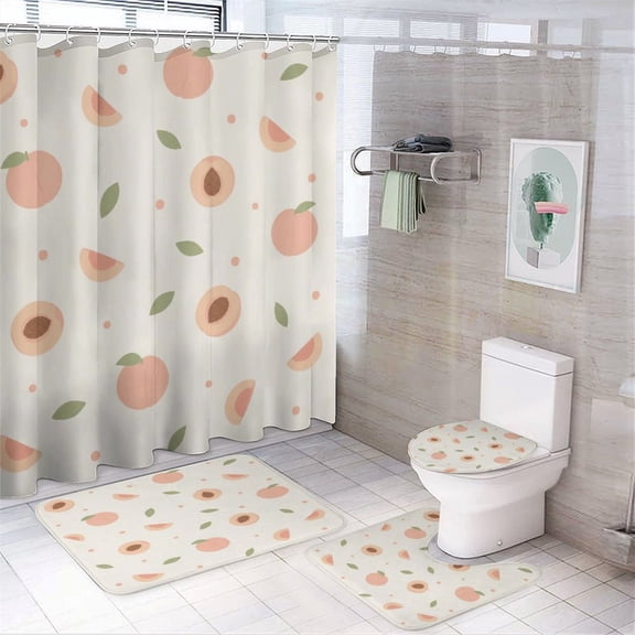 Creowell Peach Slice Ditsy Pattern Shower Curtain Set 4 Piece with Soft Bathroom Rugs, Carpet, Toilet Seat Cover Pad and Anti-slip U-shaped Pad,