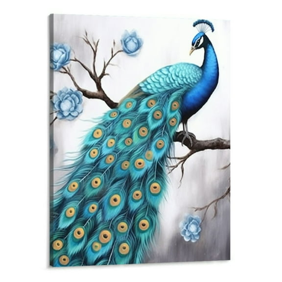 Creowell Peacock Canvas Wall Art Abstract Animal Peacock Feather Blue Artwork Stretched and Framed for Bedroom Kitchen Home Decor Ready to Hang 16x20 Inch