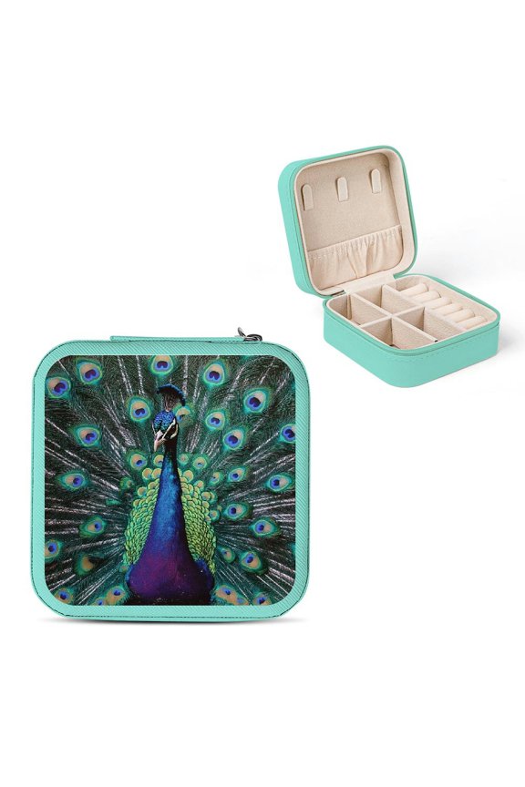 Peacock Feathers Album PU Leather Jewelry Box for Travel Green