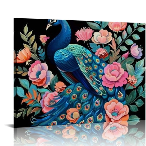Creowell Peacock Flowers Art Deco Canvas Prints Wall Art Decor 16x12in