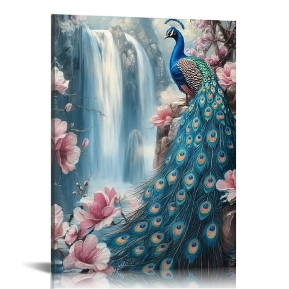 Creowell Peacock Flowers Waterfall Canvas Prints Wall Art Decor 12x16in