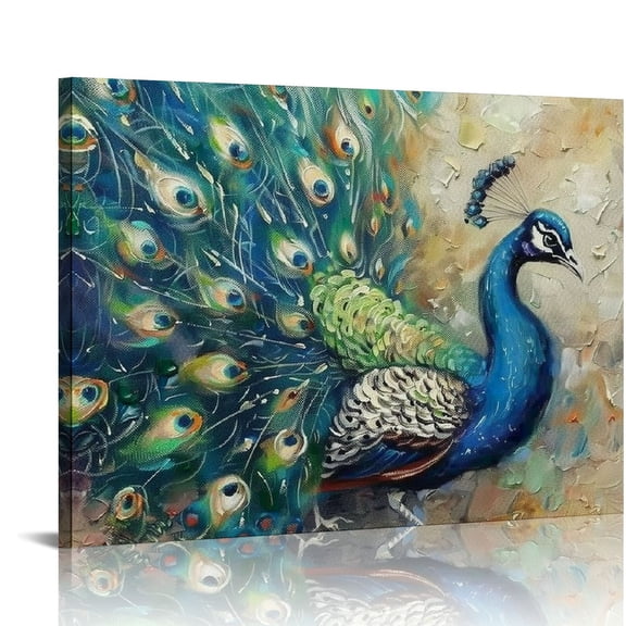 Creowell Peacock Stretched Canvas Wall Art for Bathoom Bedroom Home Decoration, Beautiful Colorful Elegant Proud Peacock Animal Picture Print Artwork Painting Decor 16x12in