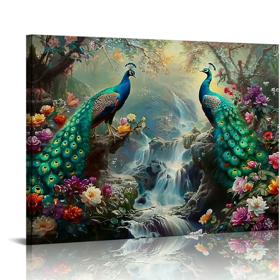 Creowell Peacocks Waterfall Flowers Canvas Wall Art Decor 16x12in