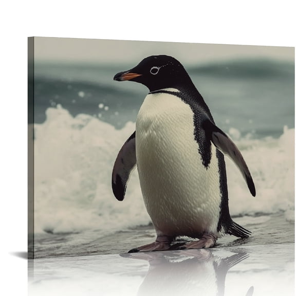 Creowell Penguin Beach Wave Wall Decor Canvas Art Ready To Hang 20x16in