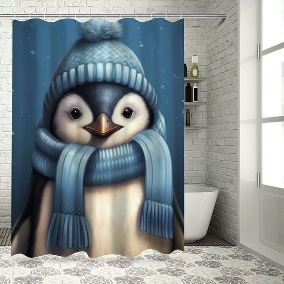 Creowell Penguin Printed Shower Curtain 100% Polyester Fabric Washable with Hooks for Bathroom Decoration 36x72