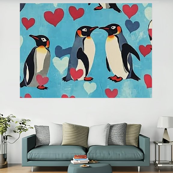 Creowell Penguins Hearts Tapestry 100% Polyester Wall Art 4 Sizes 60x40in