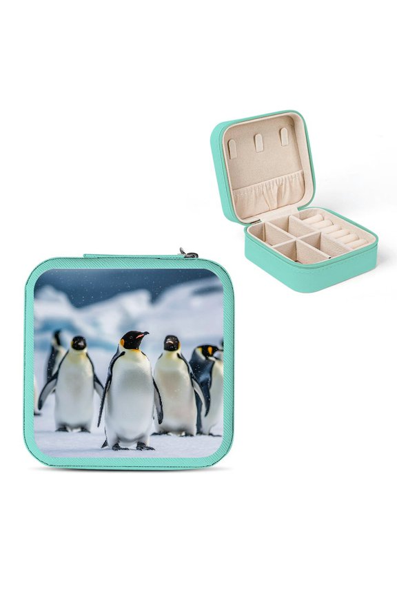Penguins Snow Wildlife Travel Jewelry Box for Necklaces, Rings, Earrings - Compact Size, Multiple Storage Spaces, Zipper Closure, Ideal Bridesmaid Gift Green