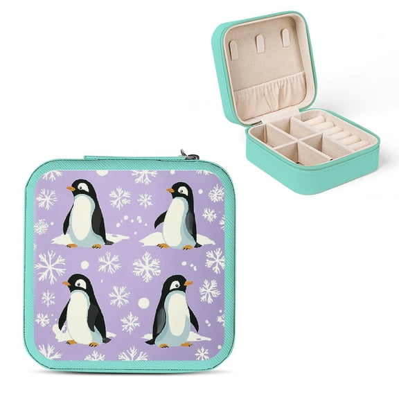 Creowell Penguins Snowflakes Graphics Jewelry Box for Necklace, Ring, Earring - Compact Travel Case with Multiple Storage Spaces Green