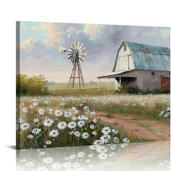 Creowell Pictures of Barns Prints Wall Canvas Old Rustic Bedroom Windmill Wall Decor Farmhouse Barn Pictures wall Art Blue sky and White Floral Retro Paintings 20x16in